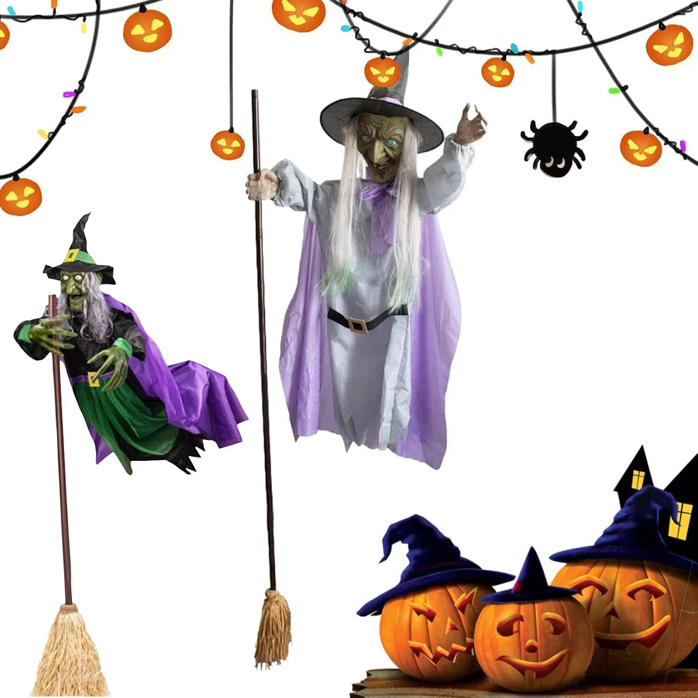 Halloween Flying Witch on Broom Decor with Luminous Eyes Animatronic Flying Witch Outdoor Hovering Witch for Garden Yard Lawn