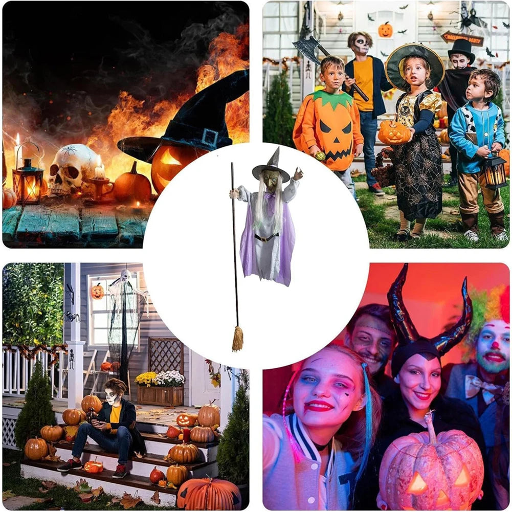 Halloween Flying Witch on Broom Decor with Luminous Eyes Animatronic Flying Witch Outdoor Hovering Witch for Garden Yard Lawn