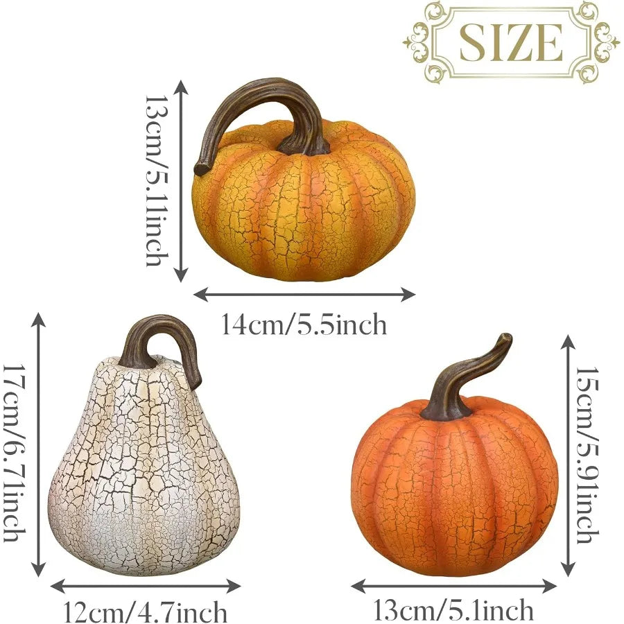 3pcs Resin Cracked Pumpkin Figurine Set for Fall Decoration 6.7 inch Autumn Harvest Thanksgiving Halloween Party Tabletop Cente
