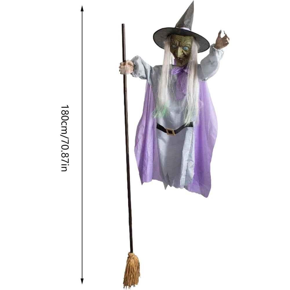 Halloween Flying Witch on Broom Decor with Luminous Eyes Animatronic Flying Witch Outdoor Hovering Witch for Garden Yard Lawn